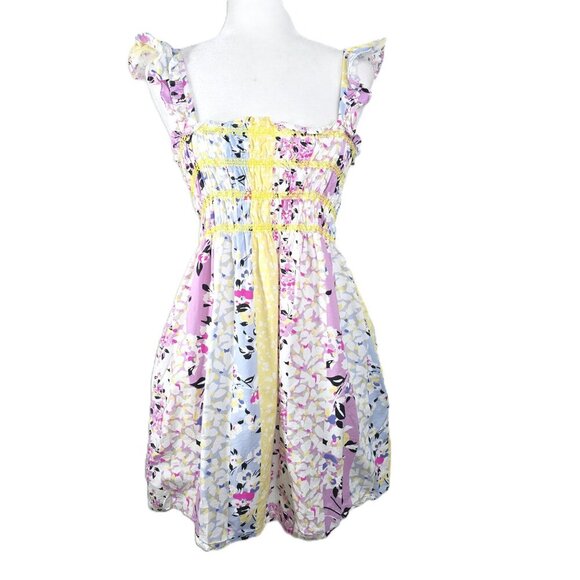 French Connection Blue White Smoched Floral Ruched Mini Dress - Picture 4 of 11